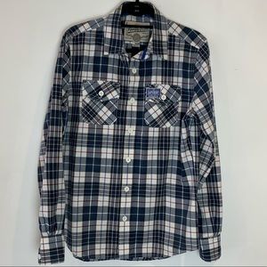 SuperDry Navy Plaid Button Down Shirt Medium